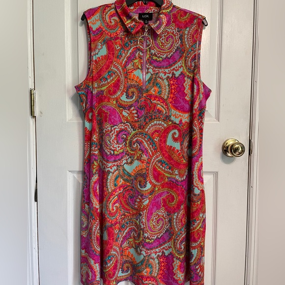 MSK Sleeveless Collared Quarter-Zip Colorful Paisley Swing Shift Dress Size XL - Picture 6 of 8